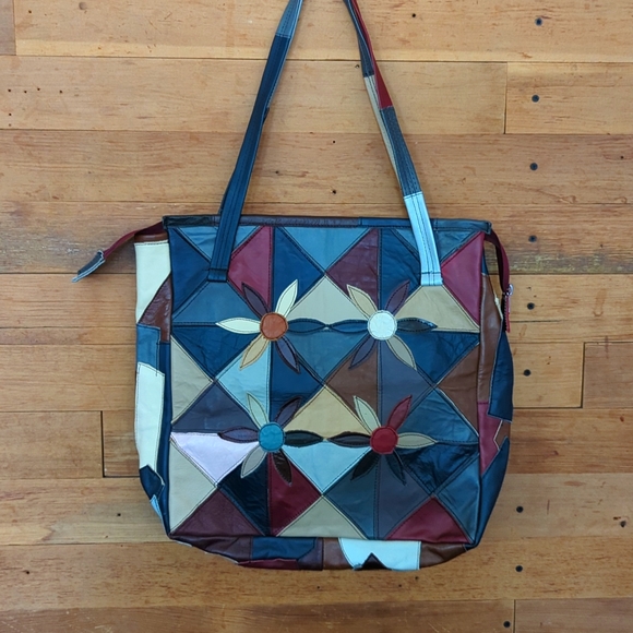 Vintage Retro 60s 70s Patchwork Leather Hippie Bohemian Shoulder Bag Tote Purse - Picture 2 of 8